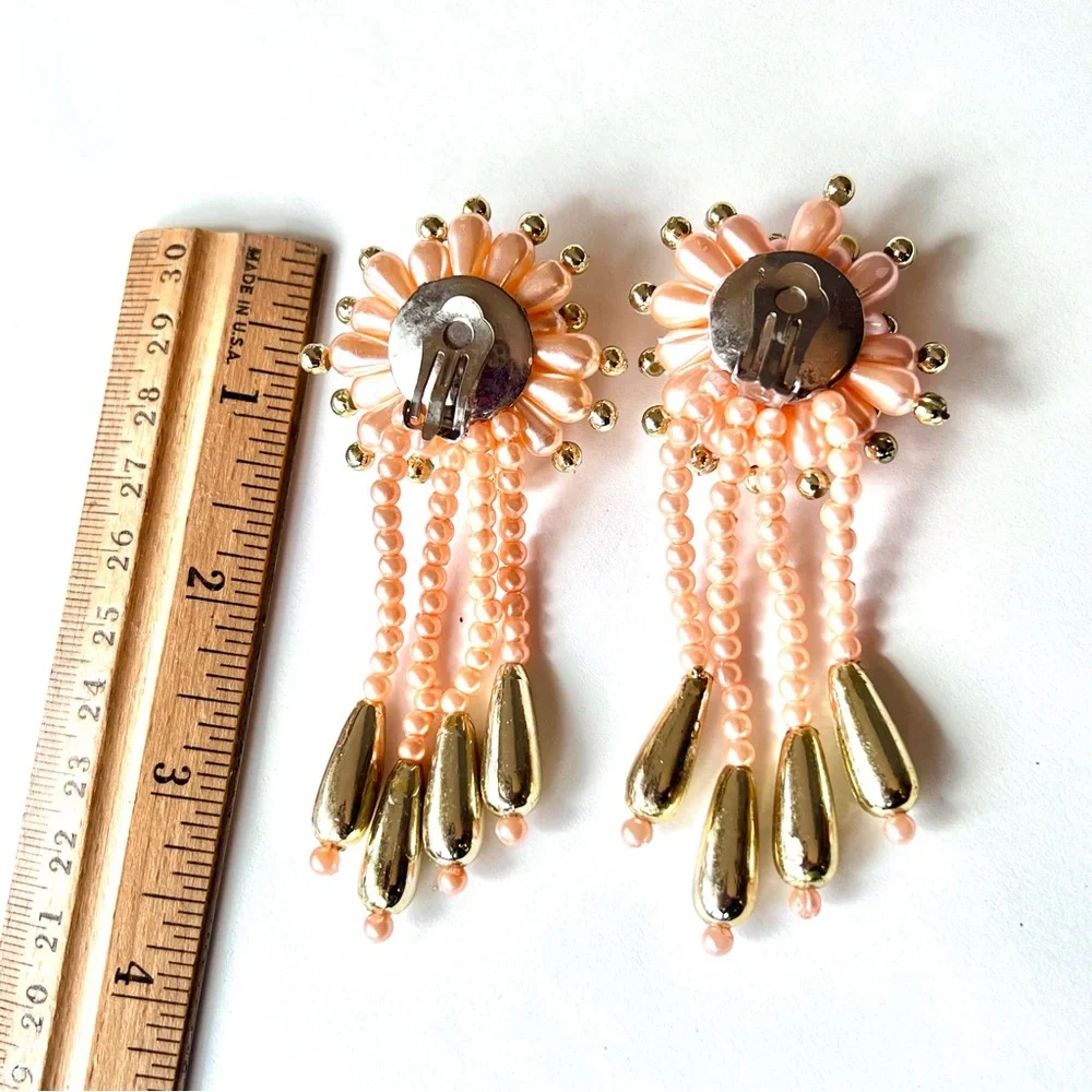 Retro Beaded Fringe Ear Clips Dangle Cascade Kitsch Gold Peach Vintage Earrings